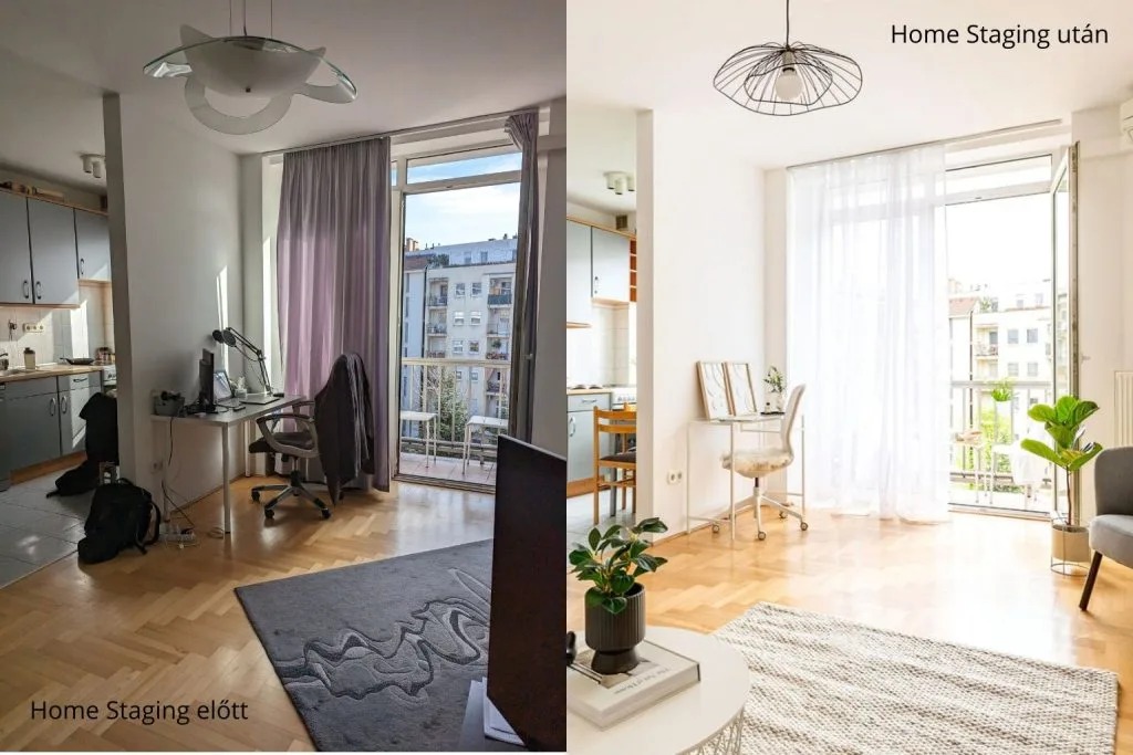 sikeres lakáseladás home staging előtte utána nappali dolgozó