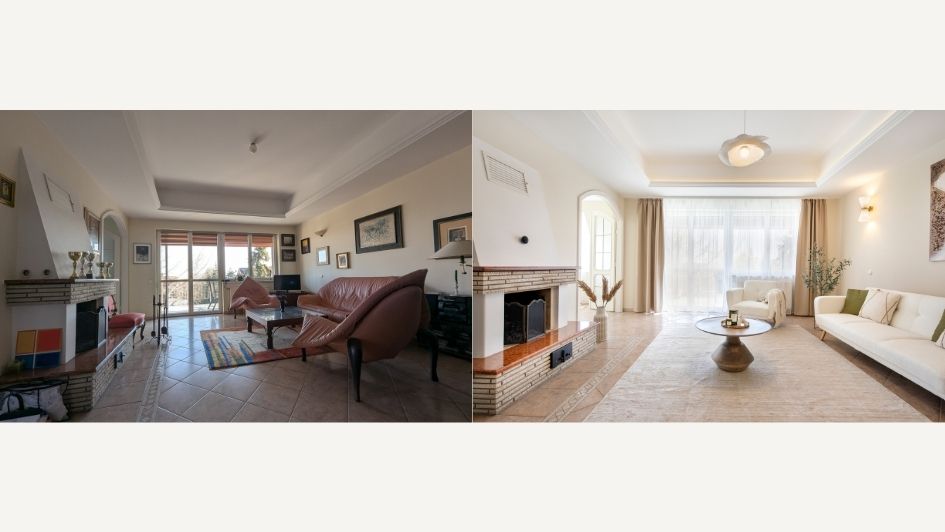 nappali kandallóval home staging előtte utána